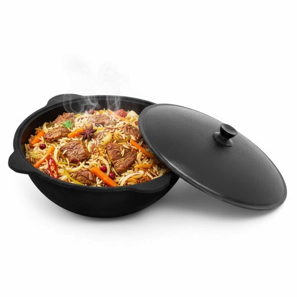 Variation: Kazan Gusseisen mit Deckel – Original Uzbekischer Kazan Namangan Dutch Oven Feuertopf für Camping Grill Outdoor Schwenktopf für Plov Wok Eintopf robuster Gusseisenkessel