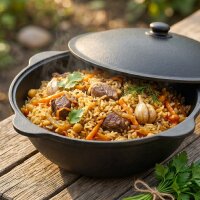 Variation: Kazan Gusseisen mit Deckel – Original Uzbekischer Kazan Namangan Dutch Oven Feuertopf für Camping Grill Outdoor Schwenktopf für Plov Wok Eintopf robuster Gusseisenkessel