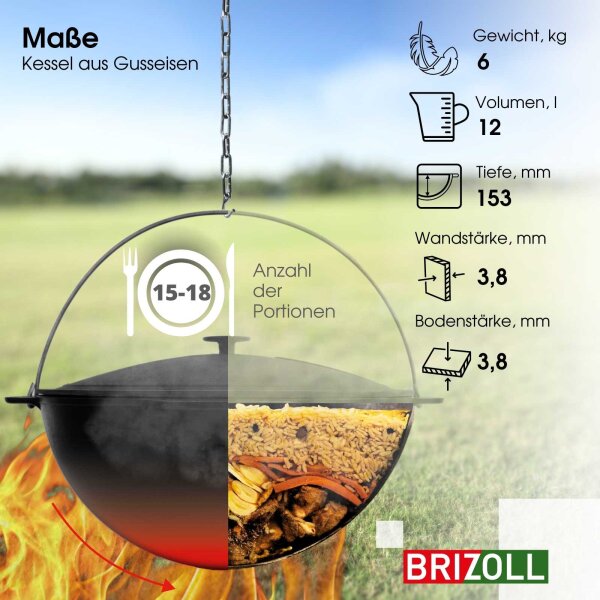 12L Gusseisen Schwenktopf Kazan Asia Kasan mit Deckel aus Gusseisen Grillwok Wokpfanne Grill Cast Iron Campingtopf Kessel Wok Traditioneller