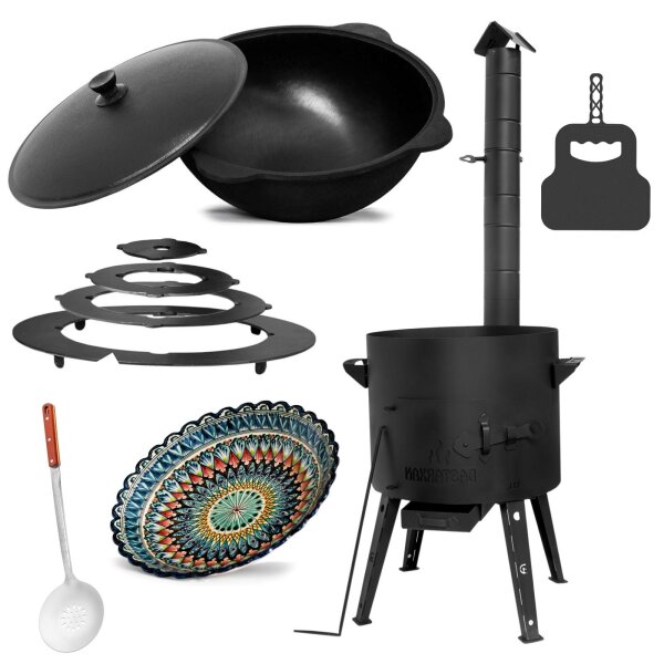 Ø36cm Uchag 2mm Stahl Adapter-Ringe Abzugsrohr 10L Kazan Gusseisen Kasan Utschag Utschak Feldküche Feuerstelle Campingofen Außenküche Eintopfofen Schaumkelle Grillfächer Orientalischer Teller