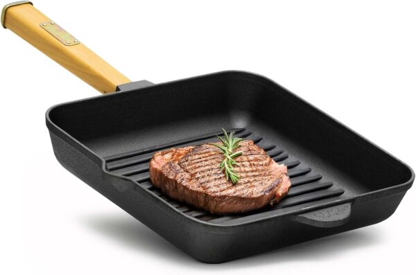 26 / 28cm Steakpfanne aus Gusseisen mit Holzgriff Grillpfanne Pfanne geeignet für Gasgrill Backofen Feuerstelle Induktion