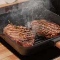 26 / 28cm Steakpfanne aus Gusseisen mit Holzgriff Grillpfanne Pfanne geeignet für Gasgrill Backofen Feuerstelle Induktion