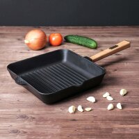 26 / 28cm Steakpfanne aus Gusseisen mit Holzgriff Grillpfanne Pfanne geeignet für Gasgrill Backofen Feuerstelle Induktion