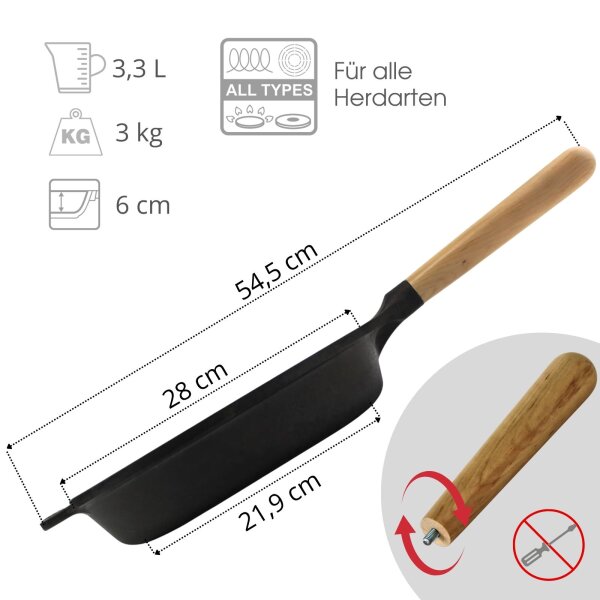 Gusseisen Pfanne 28 cm Schmorpfanne Bratpfanne mit Griff abschraubbar Gußeisenpfanne Gusseisenpfanne alle Herdarten Induktion