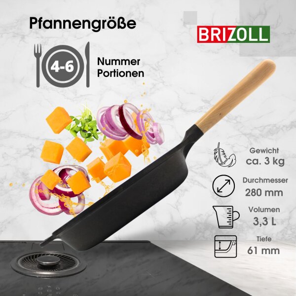 Gusseisen Pfanne Ø28 cm BRIZOLL Schmorpfanne Bratpfanne mit Griff abschraubbar Höhe 6cm Gußeisenpfanne alle Herdarten Pfanne aus Gusseisen Induktion