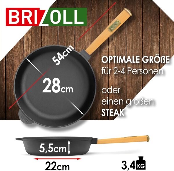 Ø28cm Pfanne aus Gusseisen mit Holzgriff abschraubbar 55mm hoch Gusseisenpfanne Bratpfanne Steakpfannen Cast Iron Pan Feuerpfanne geeignet für Gasgrill Backofen Feuerstelle alle Herdarten Induktion