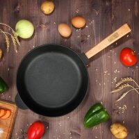 Ø28cm Pfanne aus Gusseisen mit Holzgriff abschraubbar 55mm hoch Gusseisenpfanne Bratpfanne Steakpfannen Cast Iron Pan Feuerpfanne geeignet für Gasgrill Backofen Feuerstelle alle Herdarten Induktion