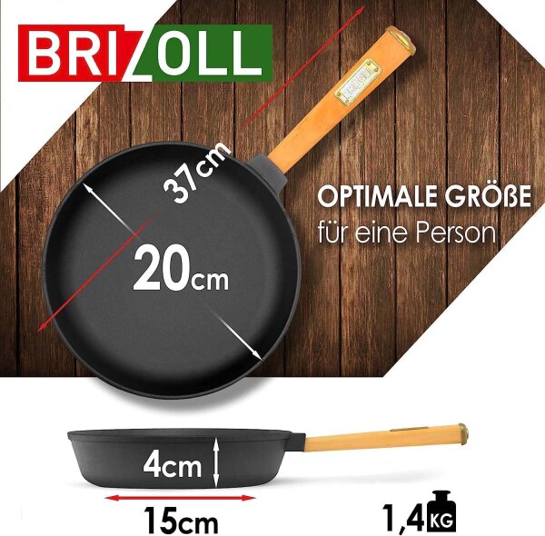 Ø20cm Pfanne aus Gusseisen mit Holzgriff abschraubbar 35mm hoch Gusseisenpfanne Bratpfanne Steakpfannen Cast Iron Pan Feuerpfanne geeignet für Gasgrill Backofen Feuerstelle alle Herdarten Induktion