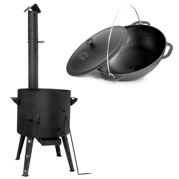 Ø40 Uchag 2mm Stahl mit Abzugsrohr mit 12L Kazan mit Deckel aus Gusseisen Feuerstelle Utschak Utschag Kessel Wok
