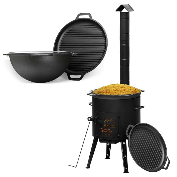 Ø40 Uchag mit 15L Kazan Utschak mit Abzugsrohr Utschag 2mm stahl Kessel mit Deckel-Grillpfanne aus Gusseisen