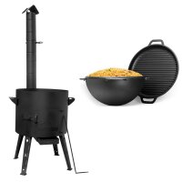 Ø40 Uchag 2mm Stahl mit Abzugsrohr mit 15L Kazan Deckel-Grillpfanne aus Gusseisen Utschak Utschag Feuerstelle Kasan Kessel