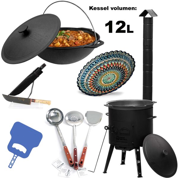 Ø40 Uchag mit 12L Kazan Utschak mit Abzugsrohr Utschag 2mm stahl Kessel mit Deckel aus Gusseisen Kasan Feuerstelle Feldküche