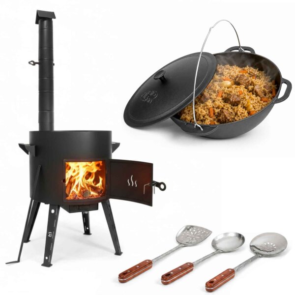 Premium Gusseisen Kazan Set 12 L mit Ofen Utschak Feuerofen Ø40 cm Uchag 2mm Stahl mit Abzugsrohr Kasan mit Gusseisendeckel Gulaschkanone Feuerstelle Feldküche