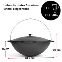 Premium Gusseisen Kazan Set 12 L mit Ofen Utschak Feuerofen Ø40 cm Uchag 2mm Stahl mit Abzugsrohr Kasan mit Gusseisendeckel Gulaschkanone Feuerstelle Feldküche