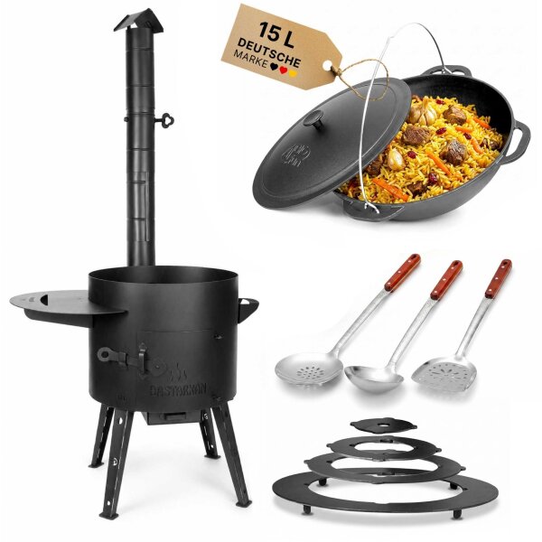 Utschag Campingofen Set mit 15L Premium Gusseisen Kazan mit Gusseisendeckel geschliffen eingebrannt Rauchrohr Aschekasten Adapterringe Schaumkellen