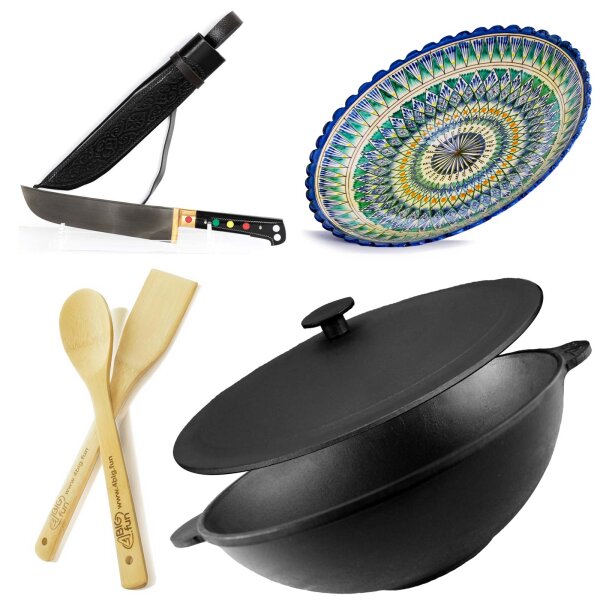 Wok 30 cm aus Gusseisen 4,7 L mit zwei Griffen Gusseisendeckel Bambus-Küchenutensilien usbekischer Pchak Laganteller handbemalt Orientalisches Kochset