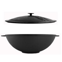 Wok 30 cm aus Gusseisen 4,7 L mit zwei Griffen Gusseisendeckel Bambus-Küchenutensilien usbekischer Pchak Laganteller handbemalt Orientalisches Kochset