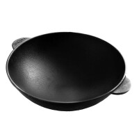 Wok 30 cm aus Gusseisen 4,7 L mit zwei Griffen Gusseisendeckel Bambus-Küchenutensilien usbekischer Pchak Laganteller handbemalt Orientalisches Kochset