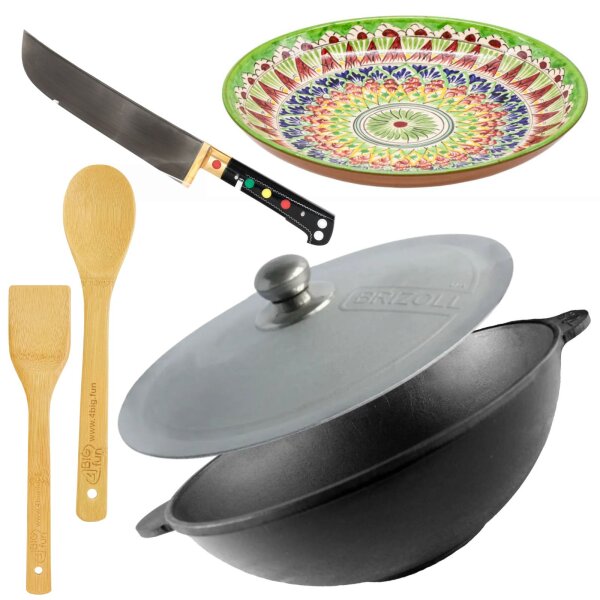 Wok 30 cm aus Gusseisen 4,7 L mit zwei Griffen Aluminiumdeckel Bambus-Küchenutensilien usbekischer Pchak Laganteller handbemalt Orientalisches Kochset
