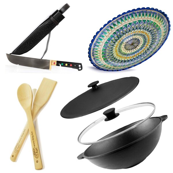 Ø30cm Wok mit zwei Griffe aus Gusseisen mit Deckel Holz Pfannenwender Pchak Messer Usbekischer Teller