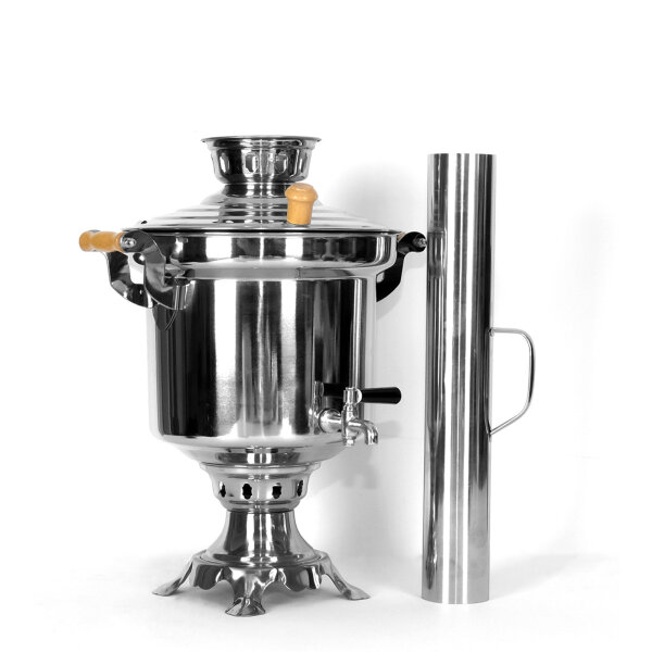 Samowar 5 L aus Edelstahl mit Schornstein Holzkohle Русский самовар на дровах Charcoal Tea Maker with Chimney Rohr Russischer Samovar