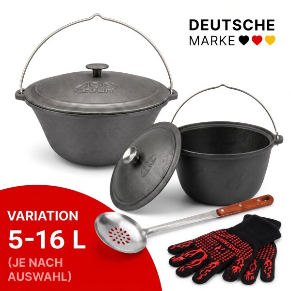 Variation: Gulaschkessel aus Gusseisen mit Gusseisendeckel, Schaumlöffel und Grillhandschuhe - Kazan Kessel Schwenktopf Campingtopf