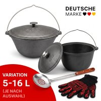 Variation: Gulaschkessel aus Gusseisen mit Gusseisendeckel, Schaumlöffel und Grillhandschuhe - Kazan Kessel Schwenktopf Campingtopf