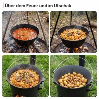 Variation: Gulaschkessel aus Gusseisen mit Gusseisendeckel, Schaumlöffel und Grillhandschuhe - Kazan Kessel Schwenktopf Campingtopf