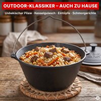 Variation: Gulaschkessel aus Gusseisen mit Gusseisendeckel, Schaumlöffel und Grillhandschuhe - Kazan Kessel Schwenktopf Campingtopf