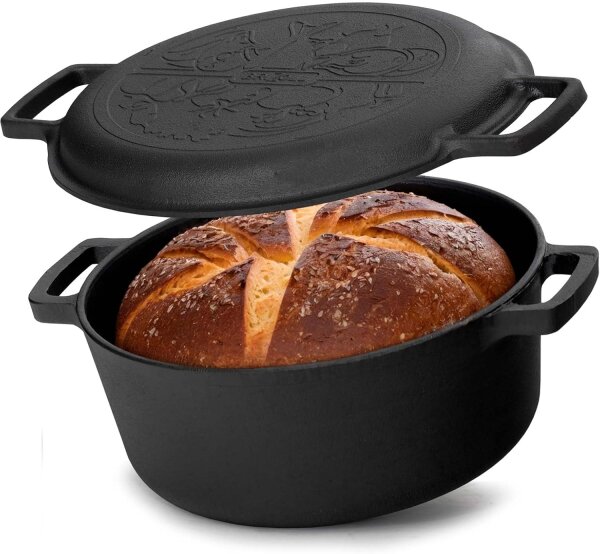 Ø24-28cm Brotbacken Gusseisen Topf 4-6L Gusseisentopf mit Deckel-Bratpfanne Kochtopf aus Gusseisen Brotbackform geeignet für Gasgrill, Backofen, Feuerstelle und alle Herdarten inkl. Induktion