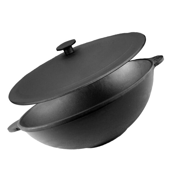 Wok Bratpfanne aus Gusseisen mit zwei griffen + Deckel aus Gusseisen Asia Wokpfanne Induktion