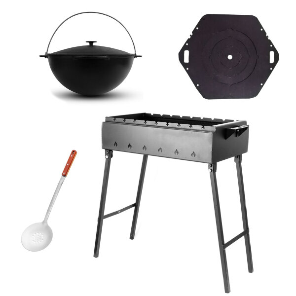Klappbarer Schaschlikgrill 2 mm Stahl, 90 cm lang, Holzkohlegrill für 14 Spießen Adapter Ringe 6L Kazan aus Gussesen BBQ Mangal