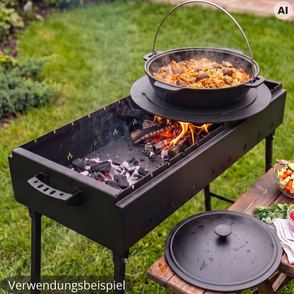 Klappbarer Schaschlikgrill 2 mm Stahl, 90 cm lang, Holzkohlegrill für 14 Spießen Adapter Ringe 6L Kazan aus Gussesen BBQ Mangal
