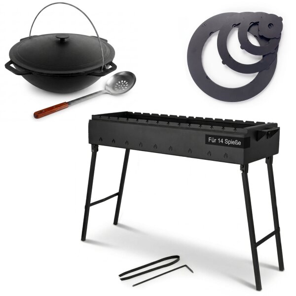 Schaschlikgrill 90 cm klappbar 2 mm Stahl Mangal Holzkohlegrill für 14 Spieße 8L Gusseisen Kazan mit Deckel Adapterringe 4 mm Grillset BBQ Campinggrill