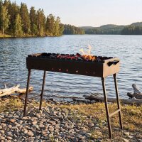 Klappbarer Schaschlikgrill 2 mm Stahl, 90 cm lang, Holzkohlegrill für 14 Spießen Adapter Ringe 6L Kazan aus Gussesen BBQ Mangal