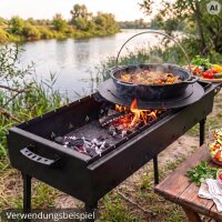 Schaschlikgrill 90 cm klappbar 2 mm Stahl Mangal Holzkohlegrill für 14 Spieße 8L Gusseisen Kazan mit Deckel Adapterringe 4 mm Grillset BBQ Campinggrill