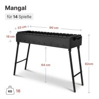 Schaschlikgrill 90 cm klappbar 2 mm Stahl Mangal Holzkohlegrill für 14 Spieße 8L Gusseisen Kazan mit Deckel Adapterringe 4 mm Grillset BBQ Campinggrill