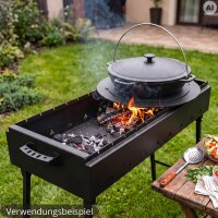 Schaschlikgrill 90 cm klappbar 2 mm Stahl Mangal Holzkohlegrill für 14 Spieße 8L Gusseisen Kazan mit Deckel Adapterringe 4 mm Grillset BBQ Campinggrill