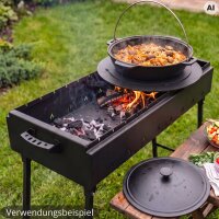 Schaschlikgrill 90 cm klappbar 2 mm Stahl Mangal Holzkohlegrill für 14 Spieße 8L Gusseisen Kazan mit Deckel Adapterringe 4 mm Grillset BBQ Campinggrill