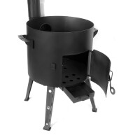 Uchag 2mm Stahl mit Abzugsrohr 8-22L Kazan Gusseisen Feuerstelle Utschak Utschag Kasan Feldküche Campingofen Außenküche Eintopfofen mit Schaumkelle Suppenkelle Grillfächer