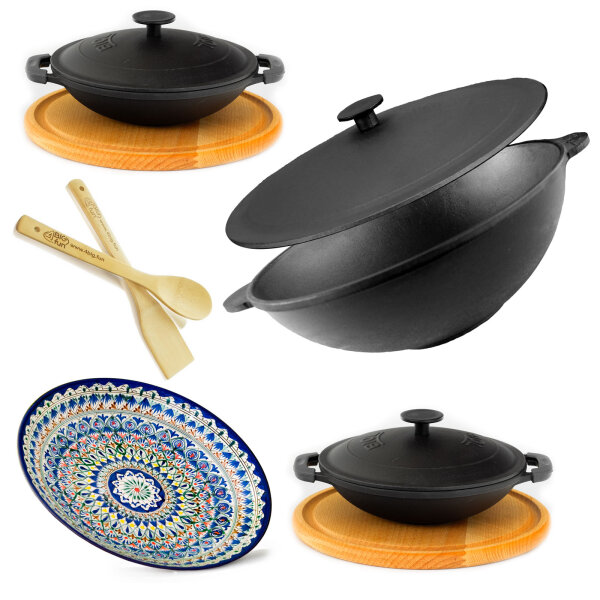 Wok Ø28 cm Wokpfanne 3,7 L Bratpfanne Gusseisen Deckel Asia Schmortopf 2x Servierpfanne 22 cm aus Gusseisen emailliert Wok-Pfanne mit Holzbrett Lagan Ljagan