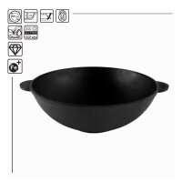Wok Ø28 cm Wokpfanne 3,7 L Bratpfanne Gusseisen Deckel Asia Schmortopf 2x Servierpfanne 22 cm aus Gusseisen emailliert Wok-Pfanne mit Holzbrett Lagan Ljagan