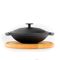 Wok Ø28 cm Wokpfanne 3,7 L Bratpfanne Gusseisen Deckel Asia Schmortopf 2x Servierpfanne 22 cm aus Gusseisen emailliert Wok-Pfanne mit Holzbrett Lagan Ljagan