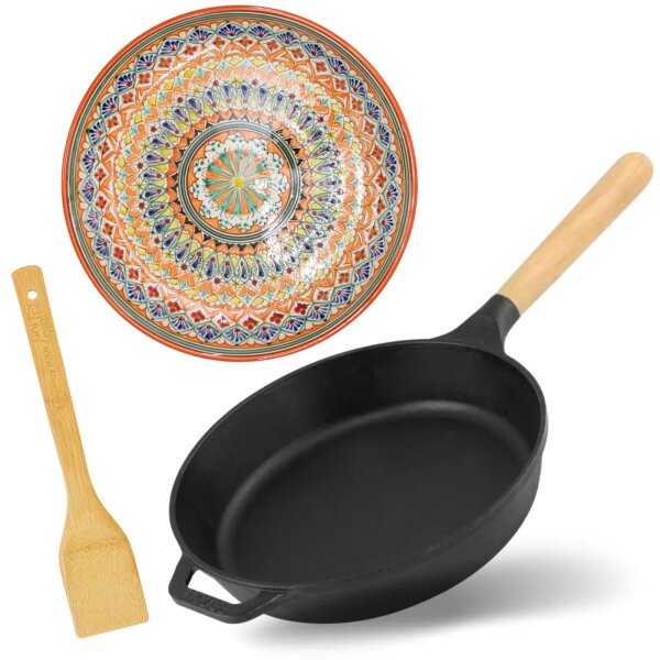 Pfannenset orientalische Motiven Gusseisenpfanne 28 cm Pfannenwender Oriental Lagan Ljagan Schmorpfanne Induktion