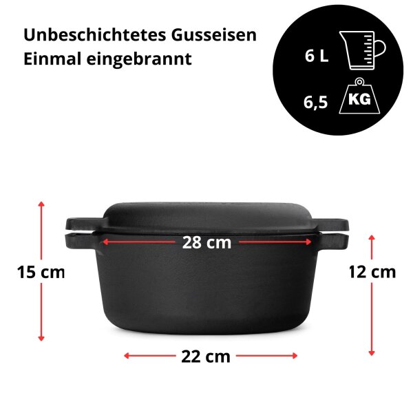 Ø28cm Brotbacken Gusseisen Topf Gusseisentopf mit Deckel-Bratpfanne Kochtopf aus Gusseisen Pfanne Brotbackform geeignet für Gasgrill, Backofen, Feuerstelle und alle Herdarten inkl. Induktion