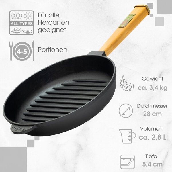 Grillpfanne aus Gusseisen 28 cm Steakpfanne BRIZOLL Bratpfanne Holzgriff Gusseisenpfanne Feuerpfanne Gusspfanne Cast Iron Pan alle Herdarten Induktion