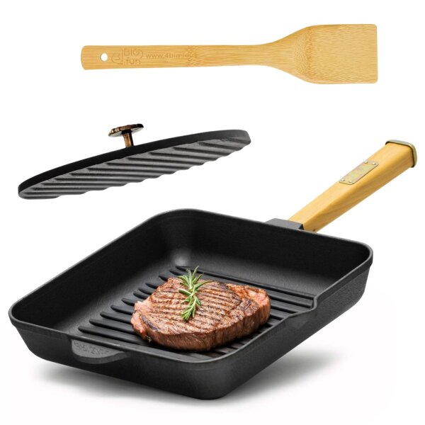 28 cm Gusseisen Grillpfanne Holzgriff Pressdeckel Bratpfanne Pfanne Feuerpfanne Pfannenwender Induktion