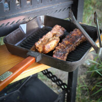 28 cm Gusseisen Grillpfanne Holzgriff Pressdeckel Bratpfanne Pfanne Feuerpfanne Pfannenwender Induktion