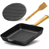 28 cm Gusseisen Grillpfanne Holzgriff Pressdeckel Bratpfanne Pfanne Feuerpfanne Pfannenwender Induktion