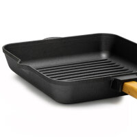 28 cm Gusseisen Grillpfanne Holzgriff Pressdeckel Bratpfanne Pfanne Feuerpfanne Pfannenwender Induktion